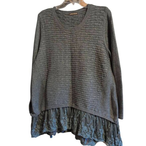 P18 John Fashion Gray Cable Knit Sweater with Lace Bottom Pullover long Sleeve - Picture 1 of 6